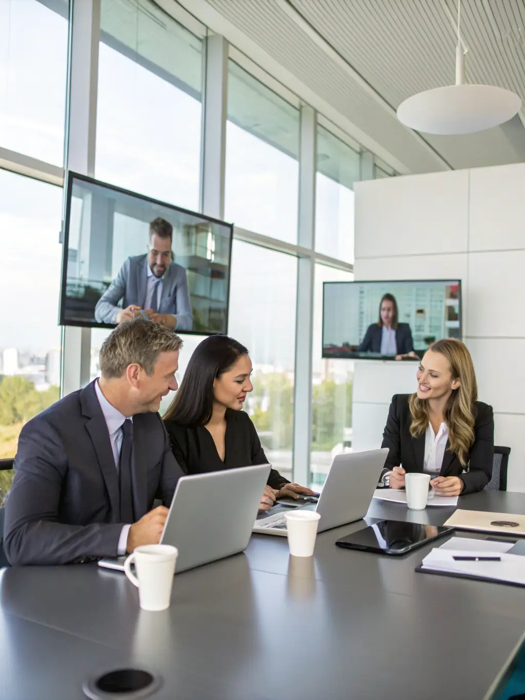 A diverse team collaborating seamlessly through RDVCalls' Unified Communications platform on various devices.