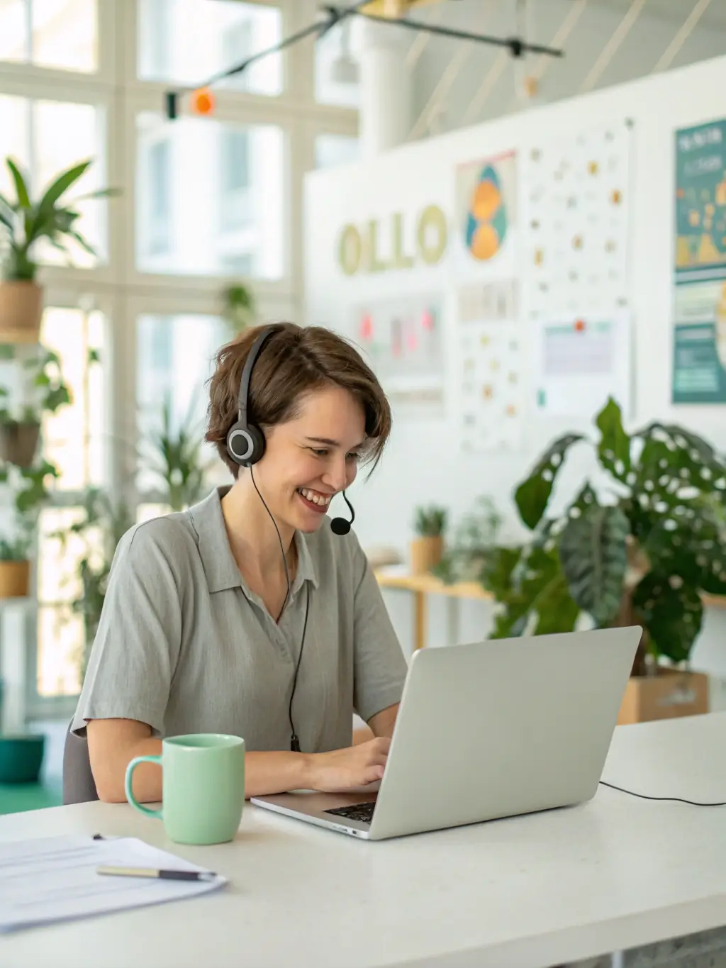 A customer support representative assisting a client with their telecommunications setup, highlighting RDVCalls' commitment to customer service.