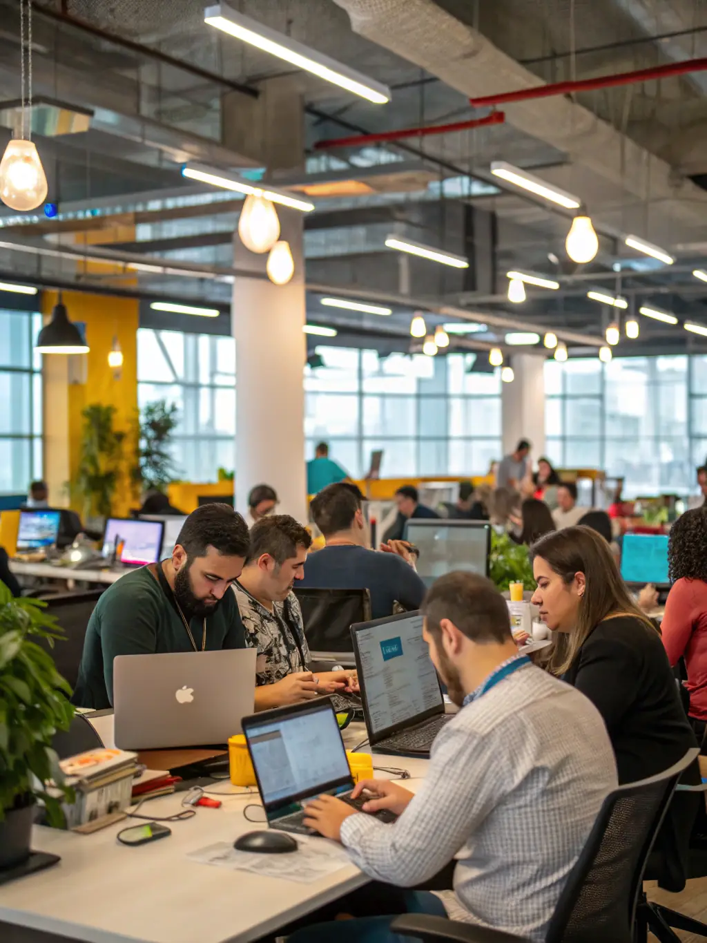 A professional office setting with employees efficiently using RDVCalls' Business Phone Systems, showcasing clear communication and productivity.