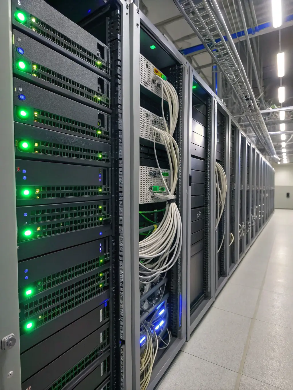 A high-resolution image of a server room with blinking lights and network cables, emphasizing the speed and reliability of internet connectivity.