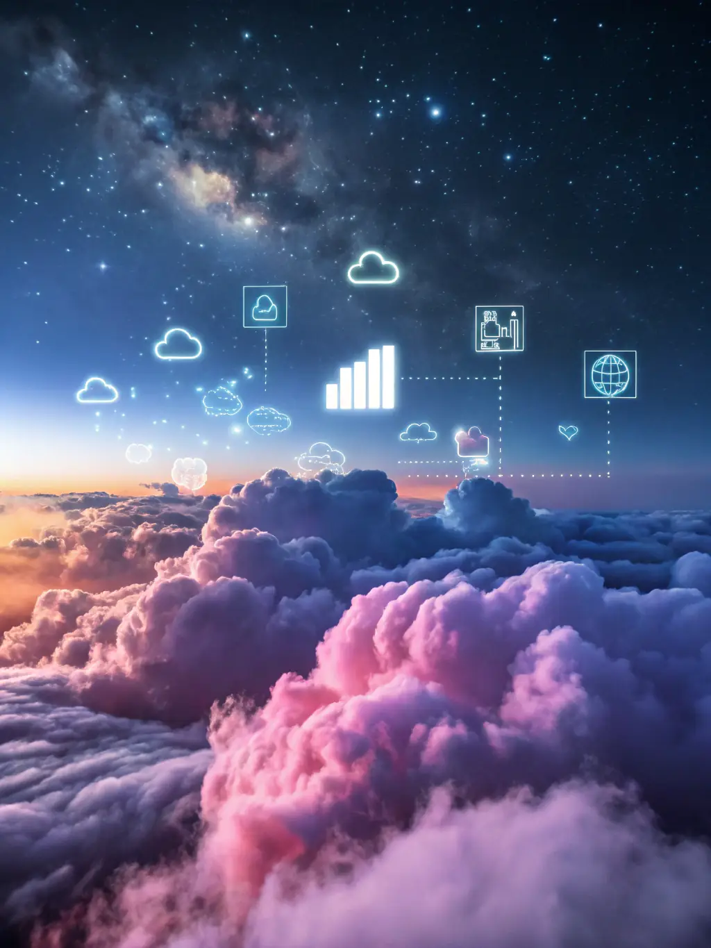An illustration of a cloud network with various devices connected, symbolizing the flexibility and accessibility of cloud-based communication services.