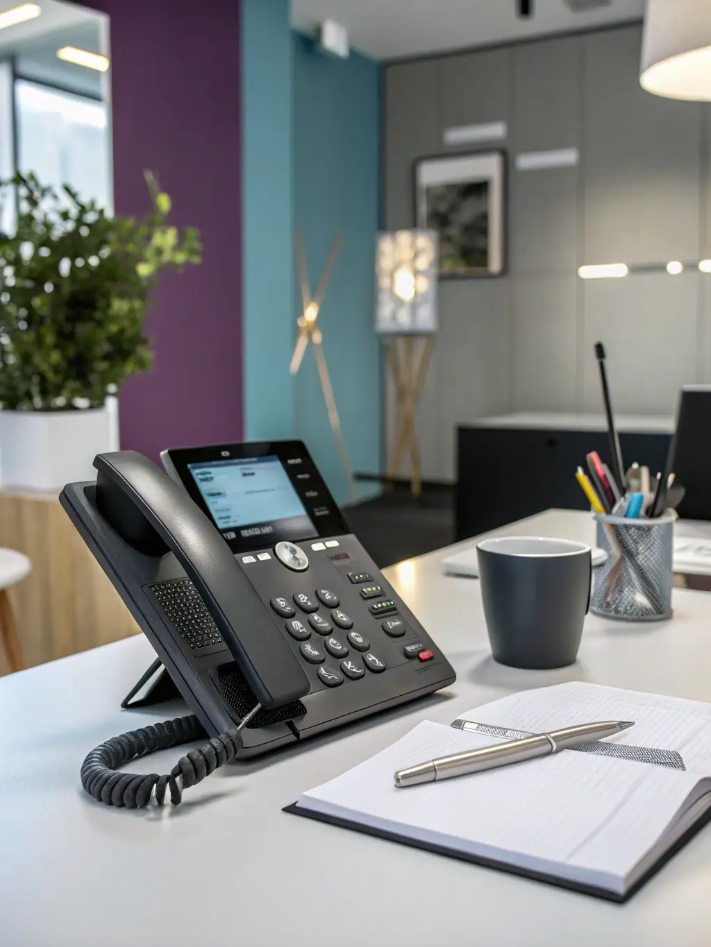 A professional photograph of a modern office phone system, showcasing its sleek design and user-friendly interface, set against a backdrop of a busy office environment.